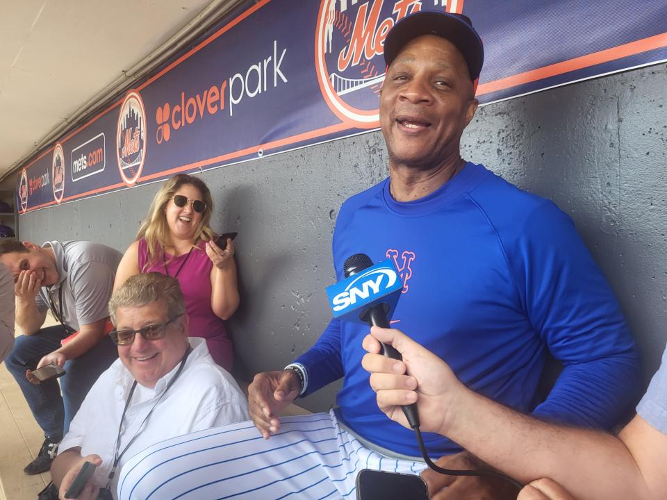 Darryl Strawberry talks with reporters during his time as guest instructor for the Mets during spring training on Feb. 27, 2024, at Clover Park in Port St. Lucie, Fla.