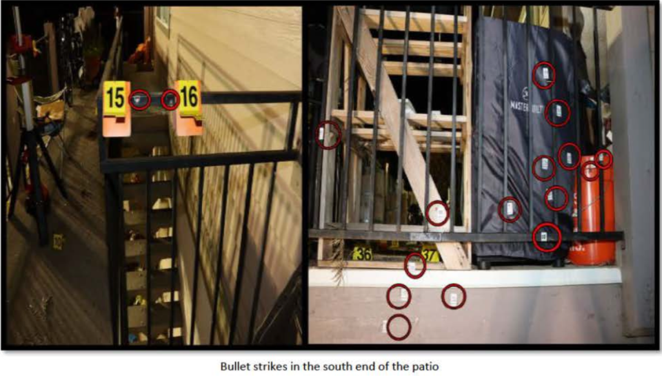 Evidence photos show where bullet strikes were marked on the south end of the landing outside Edward Giron’s apartment. Giron killed Det. Luca Benedetti and injured Det. Steve Orozco in a shootout on May 10, 2021.