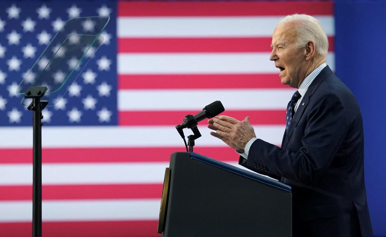 President Joe Biden announces a new plan for federal student loan relief during an April 8 visit to Madison Area Technical College Truax Campus in Madison, Wisc.