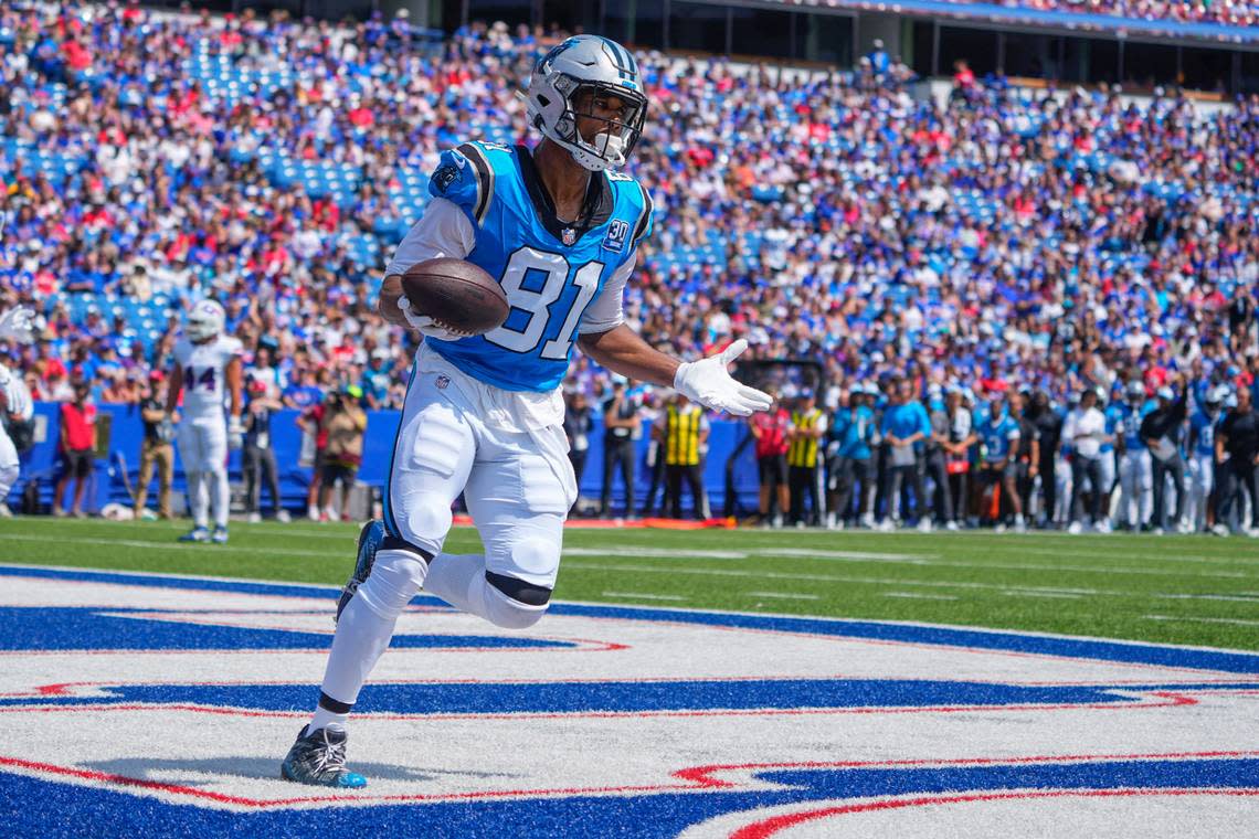 Carolina Panthers tight end Jordan Matthews reacts to scoring a touchdown against the Buffalo Bills during Saturday’s first half at Highmark Stadium.