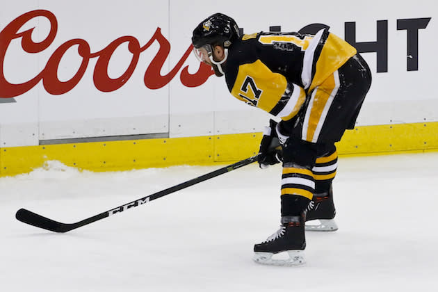 Pittsburgh Penguins’ Bryan Rust skates slowly back to his bench after being injured in a collision during the first period of Game 2 of the Eastern Conference final against the Ottawa Senators in the NHL Stanley Cup hockey playoffs in Pittsburgh, Tuesday, May 16, 2017. Rust did not return to action in the game. (AP Photo/Gene J. Puskar)