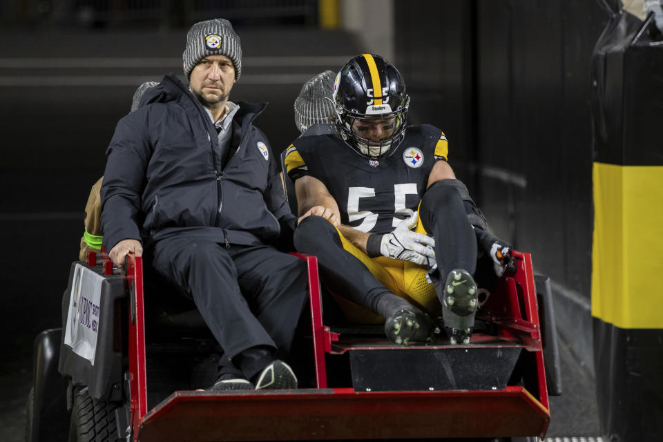 Pittsburgh Steelers linebacker Cole Holcomb (55) is carted off the field during an NFL football game, Thursday, Nov. 2, 2023, in Pittsburgh. (AP Photo/Matt Durisko)