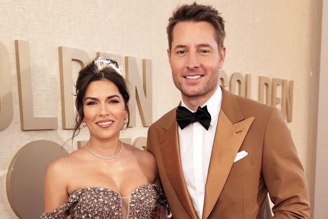 <p>Todd Williamson/CBS via Getty</p> Sofia Pernas and Justin Hartley arrive at the 81st Golden Globe Awards