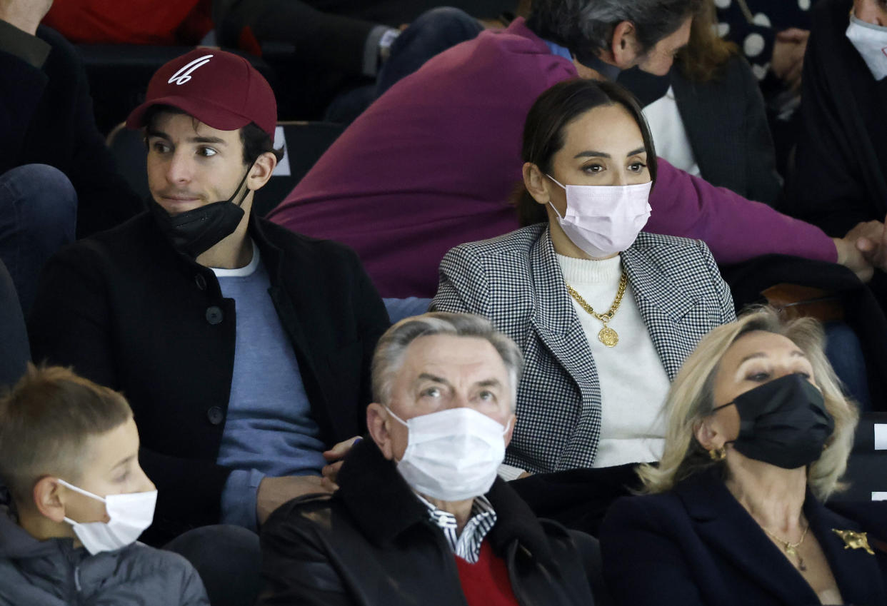 MADRID, SPAIN - NOVEMBER 28: Iñigo Onieva and Tamara Falco attend a Davis Cup match on November 28, 2021, in Madrid, Spain. (Photo By Oscar J.Barroso/Europa Press via Getty Images)