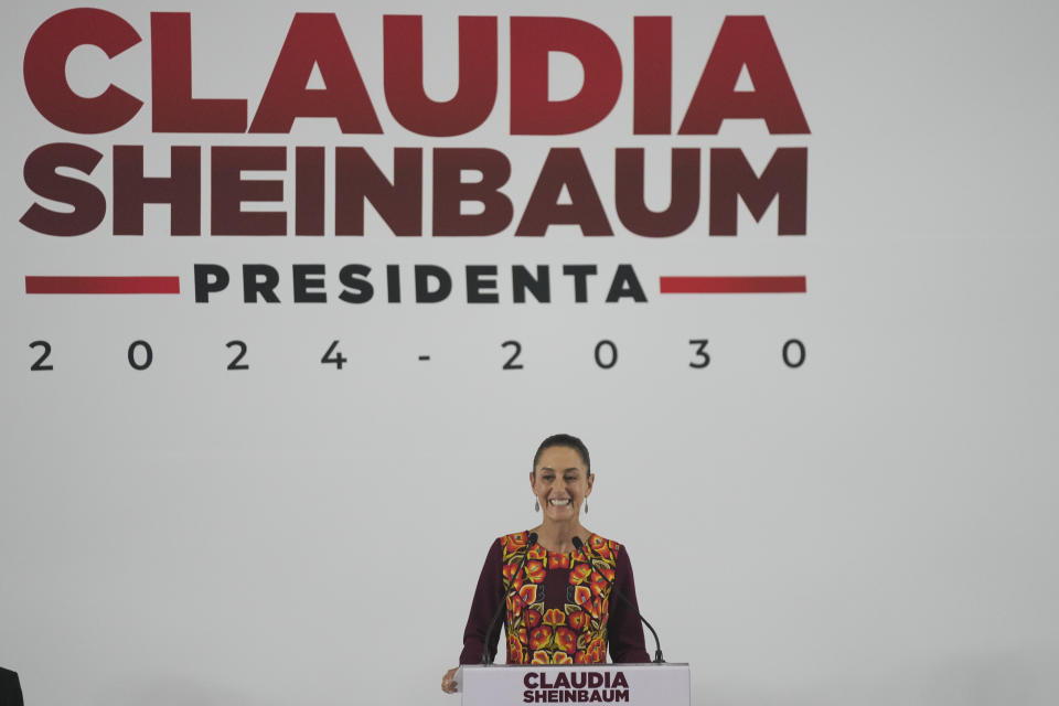 Incoming Claudia Sheinbaum smiles during a press conference where she presented members of her Cabinet in Mexico City, Thursday, June 27, 2024. (AP Photo/Fernando Llano)