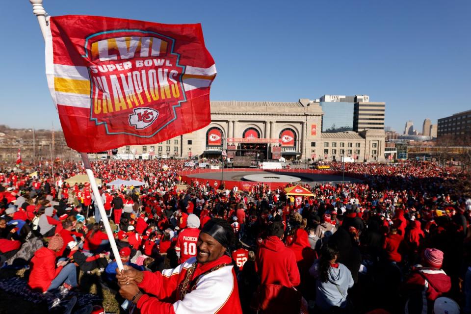 Fans assemble in front of Union Station prior to the Kansas City Chiefs Super Bowl victory parade, in Kansas City, Mo., on Feb. 14, 2024.<span class="copyright">David Eulitt—Getty Images</span>