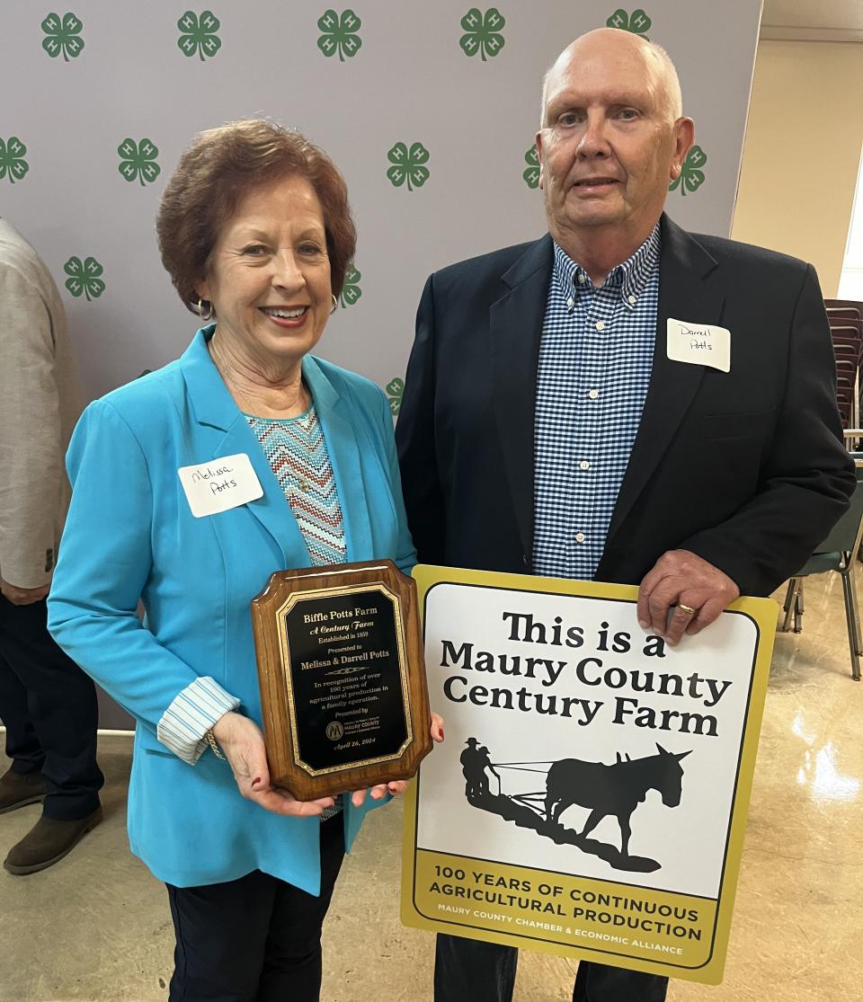 Landowners and farmers Melissa and Darrell Potts were recognized for preserving the generational Biffle Potts Farm in Hampshire, Tenn., which was named Maury County Century Farm of the Year at the annual Farm Breakfast at the Ridley 4-H Center hosted by Maury Alliance on Friday, April 26, 2024.