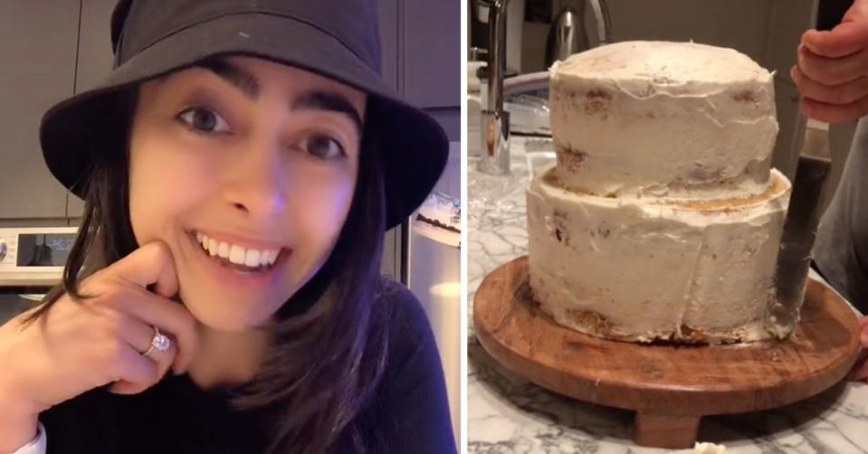 L: TikTok Bride selfie. R: Wedding cake being decorated