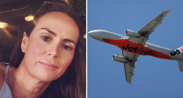 Left, Jade can be seen smiling to camera with her sunglasses atop her head. Right, Jetstar plane can be seen in the sky.