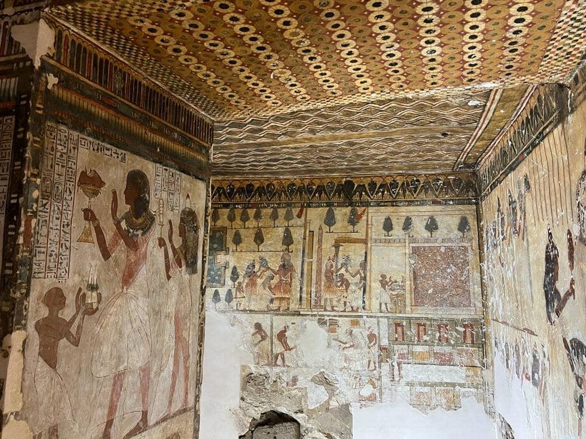 Some of the restored paintings inside the tomb of Neferhotep.