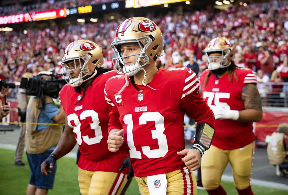 Dec 17, 2023; Glendale, Arizona, USA; San Francisco 49ers quarterback Brock Purdy (13) against the Arizona Cardinals at State Farm Stadium. Mandatory Credit: Mark J. Rebilas-USA TODAY Sports