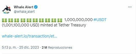 Tether acuña mil millones de dólares adicionales no circulantes en USDT