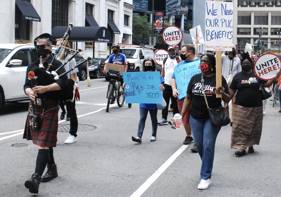 Philadelphian's rallied at City Hall before taking to the streets to demand Congress return and come to a deal on Unemployment and other key features of the HEROES Act in Philadelphia, PA, on August 20, 2020. (Photo by Cory Clark/NurPhoto via Getty Images)