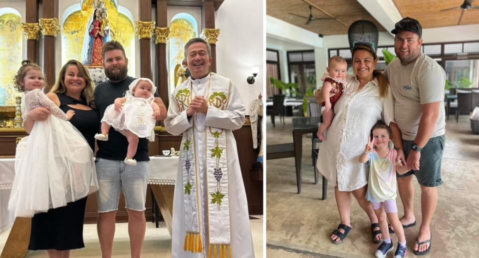 The couple with their two daughters on their christening day (left) and the couples with their girls in a restaurant (right).