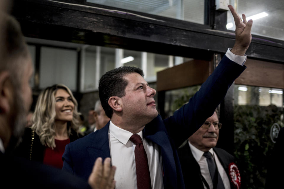 Leader of the Gibraltar Socialist Labour Party, Fabian Picardo after securing a win in the general election, in Gibraltar, Friday Oct. 18. 2019. An election for Gibraltar's 17-seat parliament took place under a cloud of uncertainty about what Brexit will bring for the speck of British territory on Spain's southern tip. In the 2016 referendum, 96% of the 34,000 residents voted not to leave the European Union. (AP Photo/Javier Fergo)