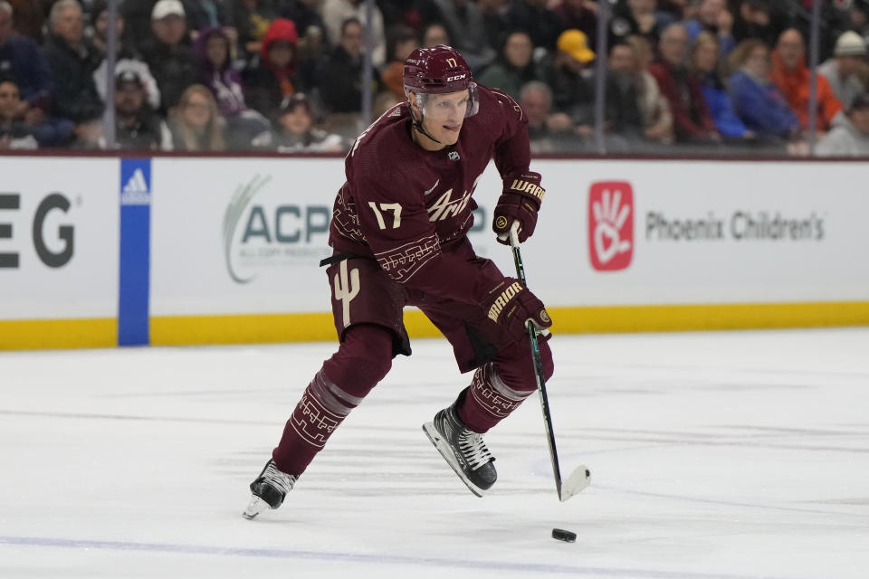 Arizona Coyotes center Nick Bjugstad (17) in the second period during an NHL hockey game against the Columbus Blue Jackets, Sunday, Feb. 19, 2023, in Tempe, Ariz. (AP Photo/Rick Scuteri)