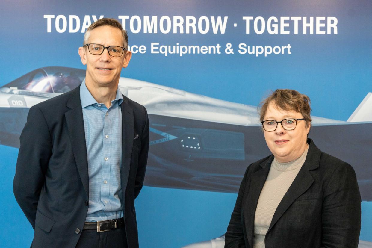 DE&S chief executive Andy Start and minister for defence procurement and industry Maria Eagle in front of background showing fighter jet and the words Today Tomorrow Together Defence Equipment & Support