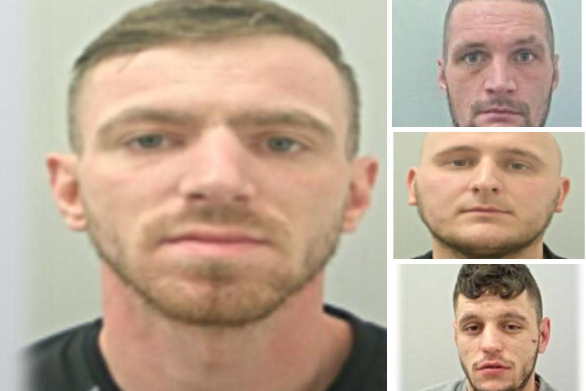 Left: Jordan Hanson. Top-bottom: Kelvin Parkinson, Kevin King Yates, Brandon Robinson <i>(Image: Lancashire Police)</i>