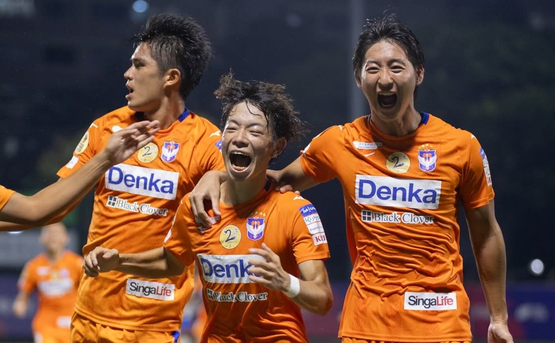 Albirex Niigata players celebrate their third goal against Lion City Sailors by Riku Fukashiro (centre) in their Singapore Premier League clash. (PHOTO: SPL)