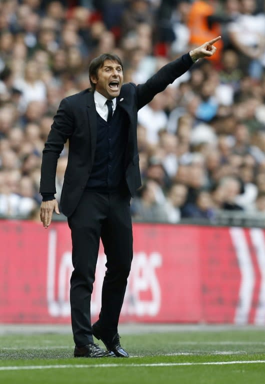 Chelsea's coach Antonio Conte gestures during their FA Cup semi-final football match against Tottenham Hotspur at Wembley stadium in London on April 22, 2017