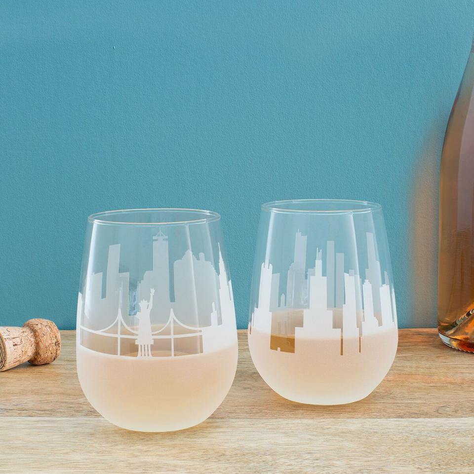 30) Etched Skyline Wine Glass