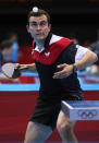 "Man my eyebrows look good." <br> LONDON, ENGLAND - JULY 28: Pierre-Luc Hinse of Canada serves against Matiss Burgis of Latvia during their Men's Singles Table Tennis match on Day 1 of the London 2012 Olympic Games at ExCeL on July 28, 2012 in London, England. (Photo by Feng Li/Getty Images)