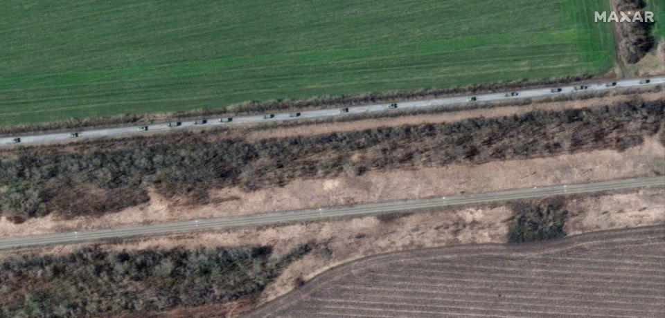 This satellite image provided by Maxar Technologies shows an overview of a convoy of armored vehicles and trucks moving the south, around Velykyi Burluk, east of Kharkiv, eastern Ukraine, on April 8, 2022. (Satellite image ©2022 Maxar Technologies via AP)