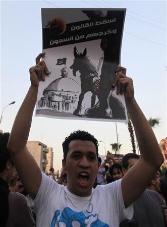 A demonstrator shouts slogans against Egypt's former army chief Abdel Fattah al-Sisi and a protest against a law restricting demonstrations near the El-Thadiya presidential palace in Cairo, April 26, 2014. The sign reads, "Drop law and get them out of prison". REUTERS/Amr Abdallah Dalsh