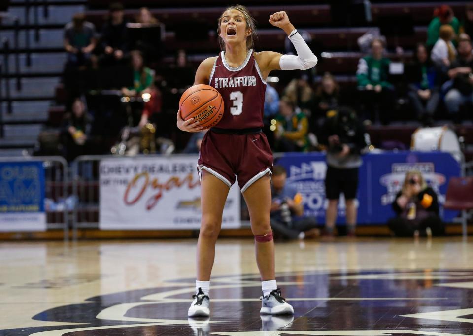 Emma Compton, of Strafford, during their 46-44 loss to El Dorado Springs in the Class 3 semifinal game during the 2022 MSHSAA Show-Me Showdown at JQH Arena on Thursday, March 10, 2022.