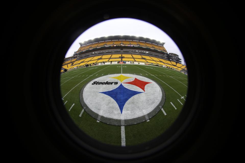 The Pittsburgh Steelers logo at mid-field before the game against the Baltimore Ravens at Acrisure Stadium.