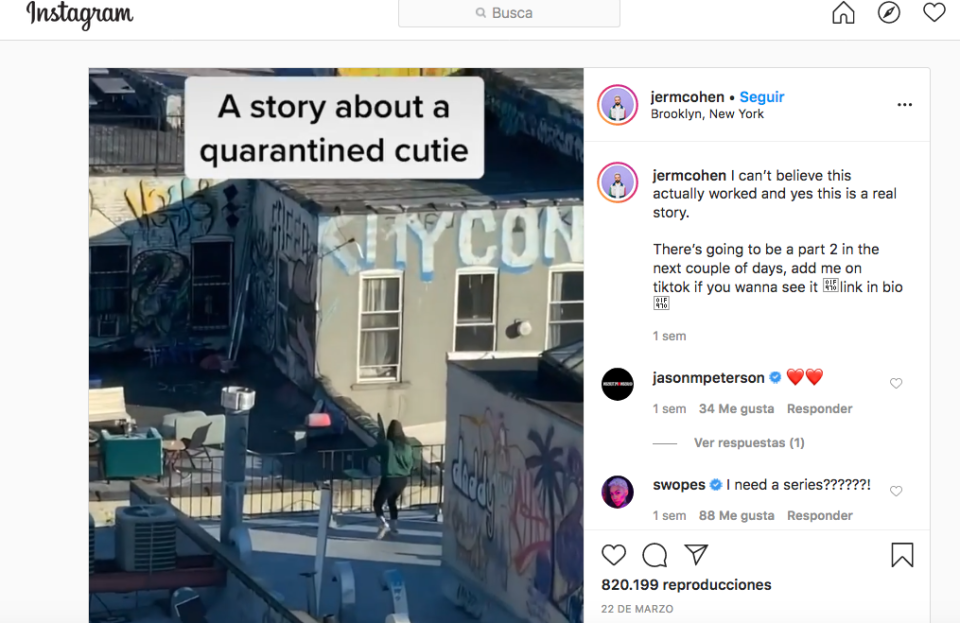 Confinados en su apartamento de Nueva york sin poder salir por la crisis del coronavirus ella subió al tejado a bailar, él la vio y le envió un dron con su número de teléfono. (Foto: Captura de Instagram / @jermcohen)