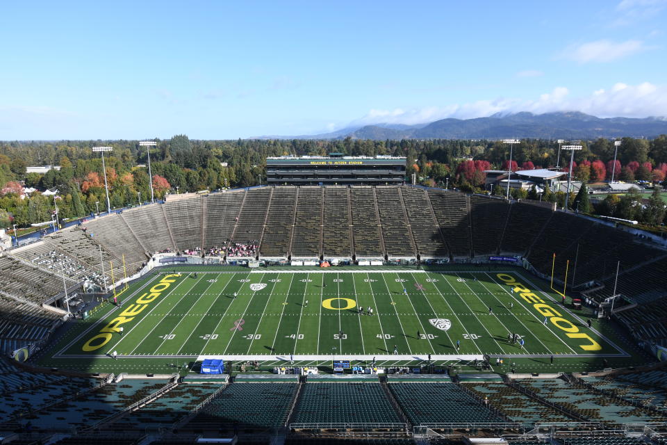 EUGENE, OR - OCTOBER 22: A general view of Autzen Stadium prior to the start of the game during a PAC-12 Conference college football game between the UCLA Bruins and Oregon Ducks on October 22, 2022 at Autzen Stadium in Eugene, Oregon. (Photo by Brian Murphy/Icon Sportswire via Getty Images)