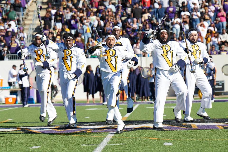 Aaron Best, at left, with fellow members of the Prairie View A&M marching band.