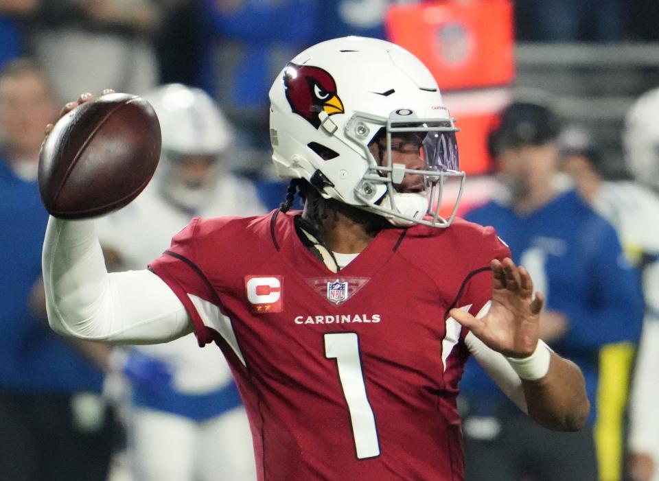 Dec 25, 2021; Glendale, Arizona, USA; Arizona Cardinals quarterback Kyler Murray (1) throws a pass against the Indianapolis Colts in the first half at State Farm Stadium.