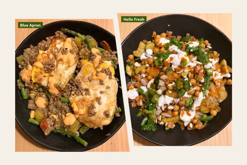 Blue Apron farro and chicken next to Hello Fresh tagine