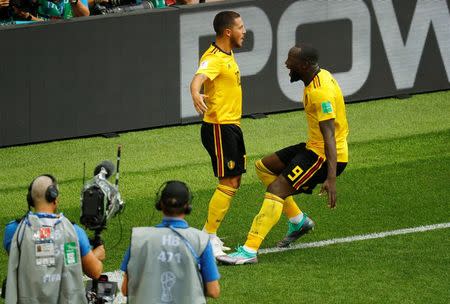 Soccer Football - World Cup - Group G - Belgium vs Tunisia - Spartak Stadium, Moscow, Russia - June 23, 2018 Belgium's Eden Hazard celebrates scoring their fourth goal with Romelu Lukaku REUTERS/Kai Pfaffenbach