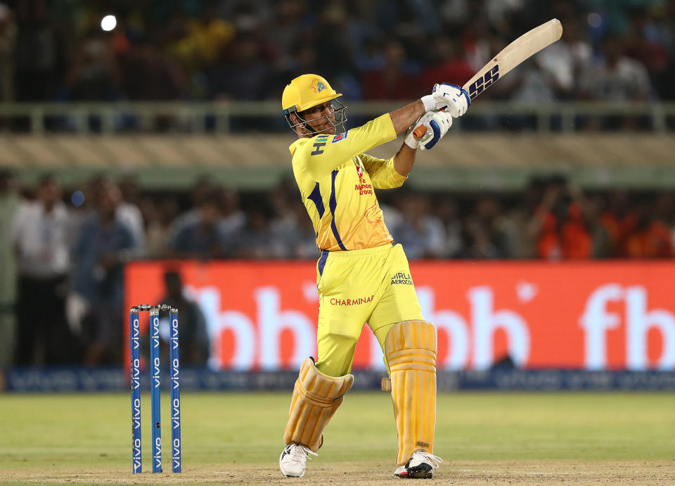 VISAKHAPATNAM, INDIA - MAY 10: MS Dhoni of the Chennai Super Kings hits out during the Indian Premier League IPL Qualifier Final match between the Delhi Capitals and the Chennai Super Kings at ACA-VDCA Stadium on May 10, 2019 in Visakhapatnam, India. (Photo by Robert Cianflone/Getty Images)