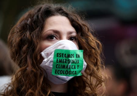 A demonstrator wears a face mask during a protest outside the Brazilian embassy due to the wildfires in the Amazon rainforest, in Buenos Aires