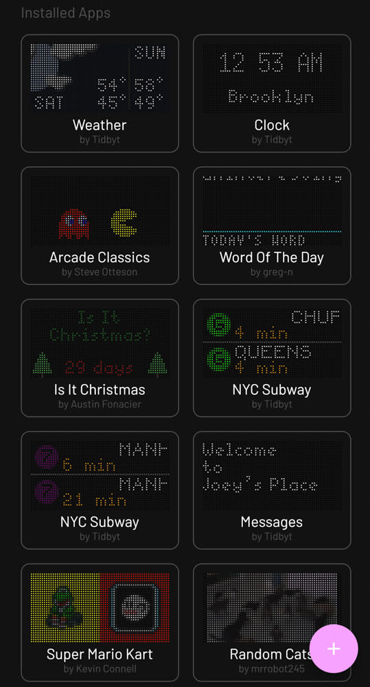 the apps we have installed on the tidbyt including weather, clock, arcade classics, word of the day, is it Christmas, NYC subway, messages, super Mario kart, and random cats