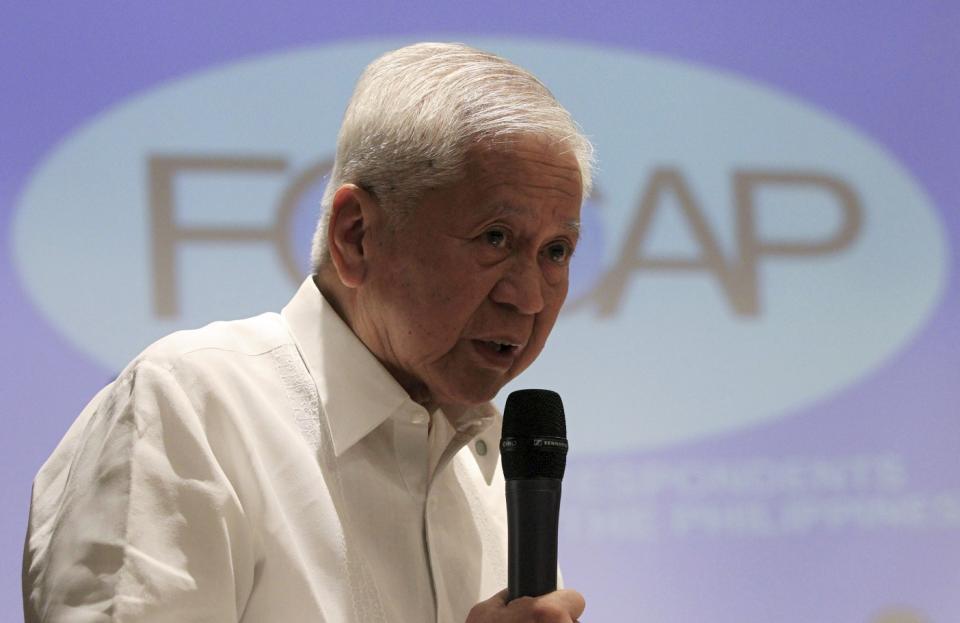 Foreign Secretary Albert del Rosario answers questions during a Foreign Correspondent of the Philippines (FOCAP) meeting in Manila March 26, 2015. The Philippines should make repairs and improvements on its facilities in the South China Sea as China embarks on massive reclamation in the Spratly, Manila&#39;s foreign minister said on Thursday after authorities stopped an airstrip upgrade. Albert del Rosario said the Philippines will not violate an informal code of conduct in the South China Sea because it will not alter the status quo in the disputed area. The 2002 code was signed by China and ten Southeast Asian states in Phnom Penh. (PHOTO: REUTERS/Romeo Ranoco)