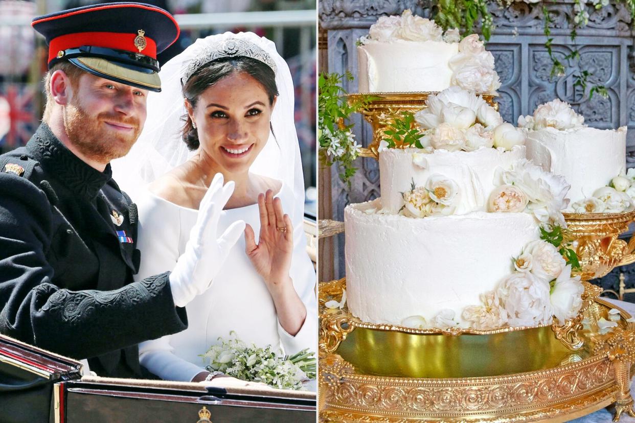 WINDSOR, ENGLAND - MAY 19: (EDITORS NOTE: Retransmission of #960087582 with alternate crop.) Prince Harry, Duke of Sussex and Meghan, Duchess of Sussex wave from the Ascot Landau Carriage during their carriage procession on Castle Hill outside Windsor Castle in Windsor, on May 19, 2018 after their wedding ceremony. (Photo by Aaron Chown - WPA Pool/Getty Images); WINDSOR,ENGLAND - MAY 19: The wedding cake by Claire Ptak of London-based bakery Violet Cakes in Windsor Castle for the royal wedding of Meghan Markle and Prince Harry on May 19, 2018 in Windsor,England. (Photo by Steve Parsons - WPA Pool/Getty Images)