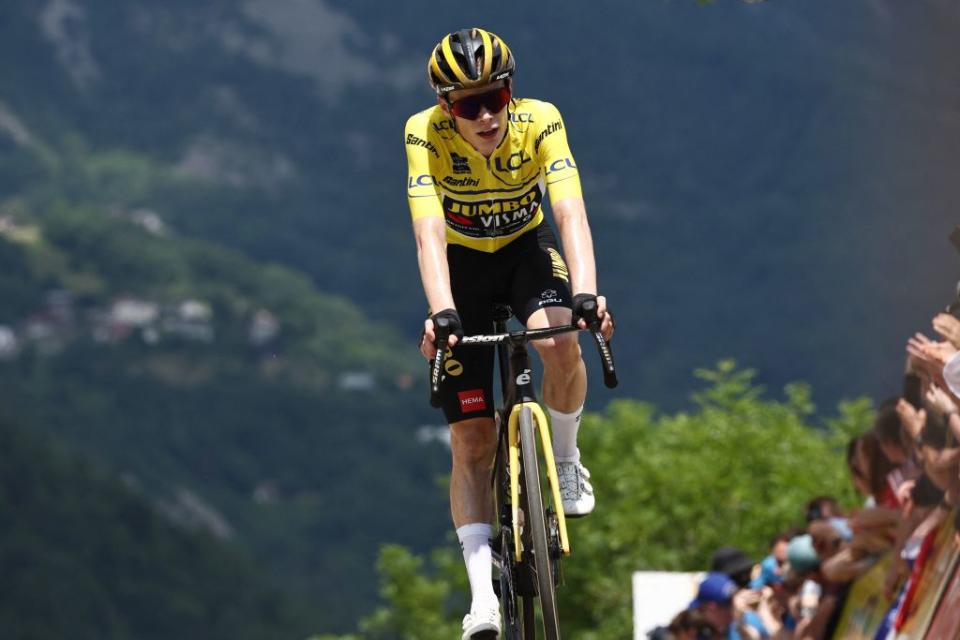 Jumbo Visma’s Jonas Vingegaard crosses the finish line to become the overall race winner of the Criterium du Dauphine