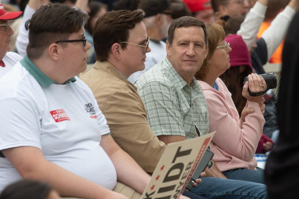 Sen. Dennis Plye, I-Hiawatha, listens from the front row at Saturday's governor debate at the Kansas State Fair. Plye will be on the ballot in November as an independent.