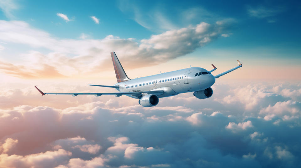 A wide angle shot of a modern commercial jetliner ascending in the sky.