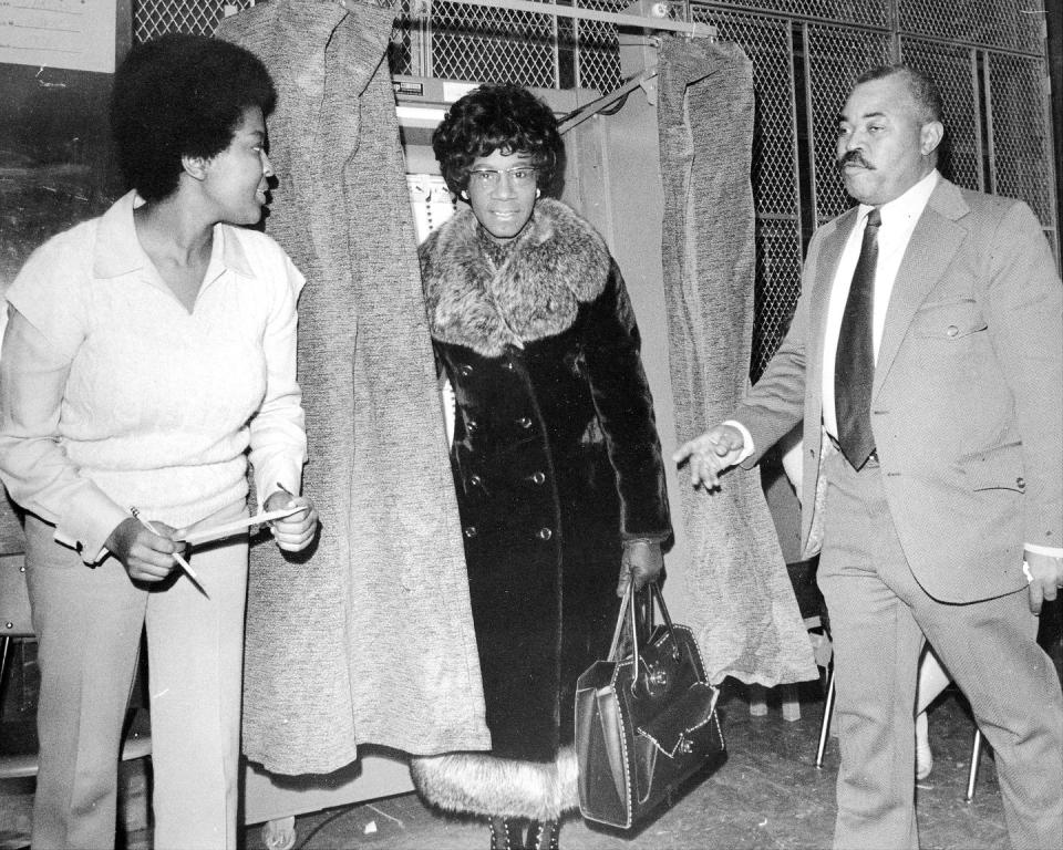 <p>Chisholm left a Brooklyn voting booth after voting in the 1972 Presidential Election. Her husband, Conrad, went with her to the polls. </p>