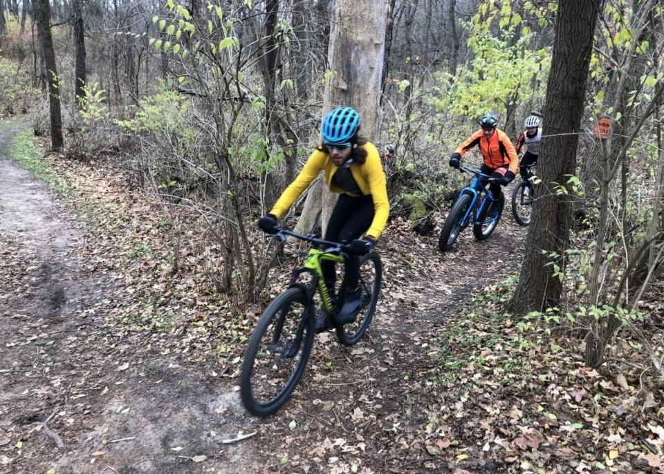 Mountain bikers ride the trail during autumn at Bonneyville Mill County Park in Bristol, where the Northern Indiana Mountain Bike Association will do trail maintenance on April 15, 2023.