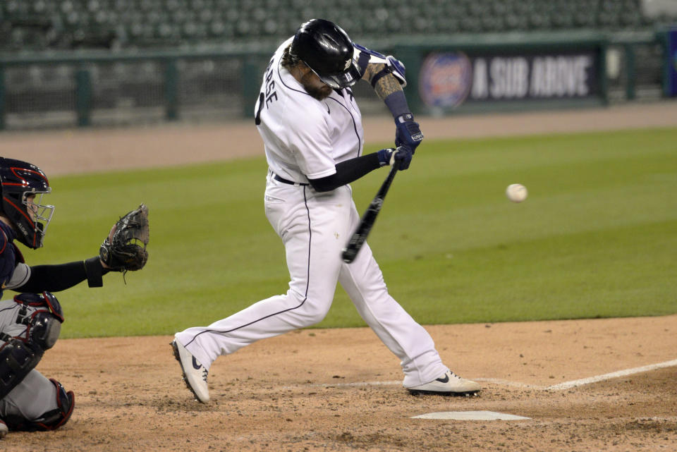 Detroit Tigers' Eric Haase bats against the Cleveland Indians during the sixth inning of a baseball game Saturday, Sept. 19, 2020, in Detroit. Haase grounded out on the at-bat. (AP Photo/Jose Juarez)