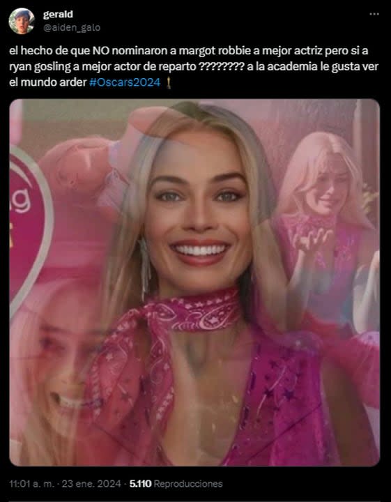 Los usuarios reaccionaron luego de que Margot Robbie no fuera incluida en la categoría de mejor actriz en los Oscar (Foto: X)