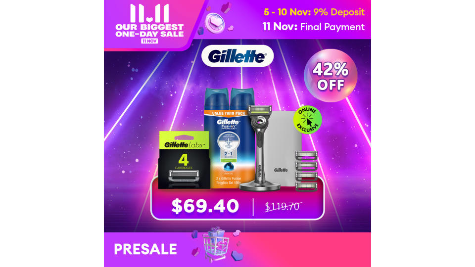 [11.11 Pre-Sale] Gillette Labs with Exfoliating Bar Razor and Travel Case Set with 9 Refills + Gillette Shaving Cream Foam Gel Twin Pack 195g. (Photo: Lazada SG)