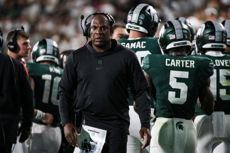 Mel Tucker watches a play during a Michigan State game against Central Michigan earlier this month.